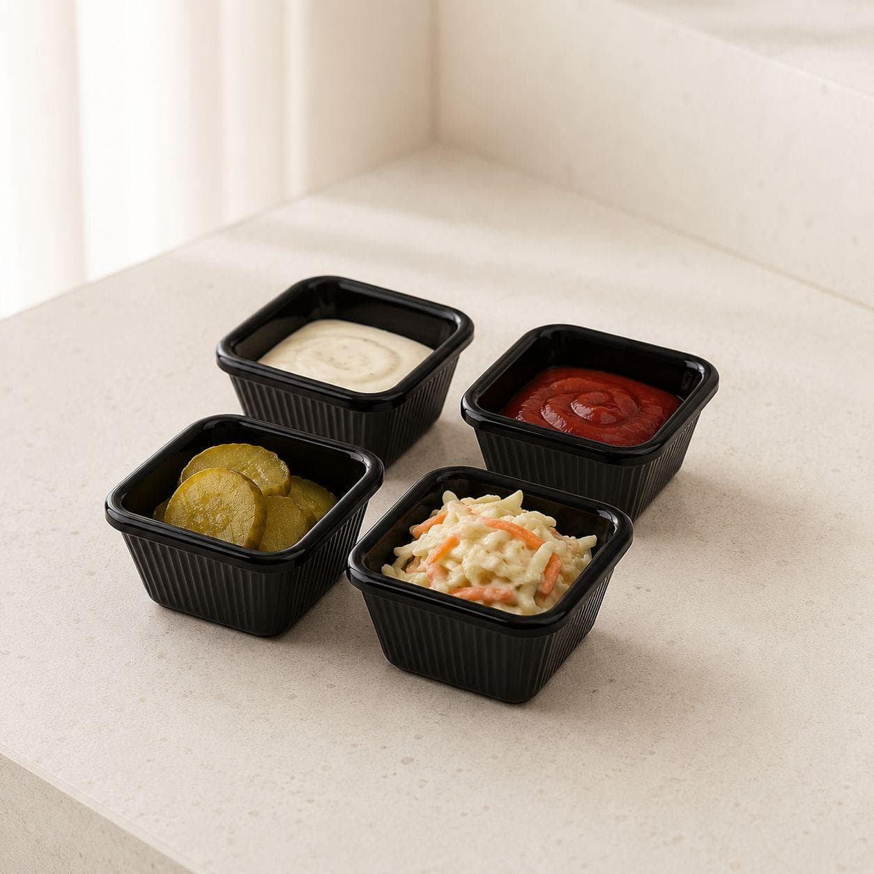 Luxury Small Square Black Melamine Serving Plate for Sauces, Appetizers, and Light Snacks in an Organized Way – Size 7×7×4 cm

 6