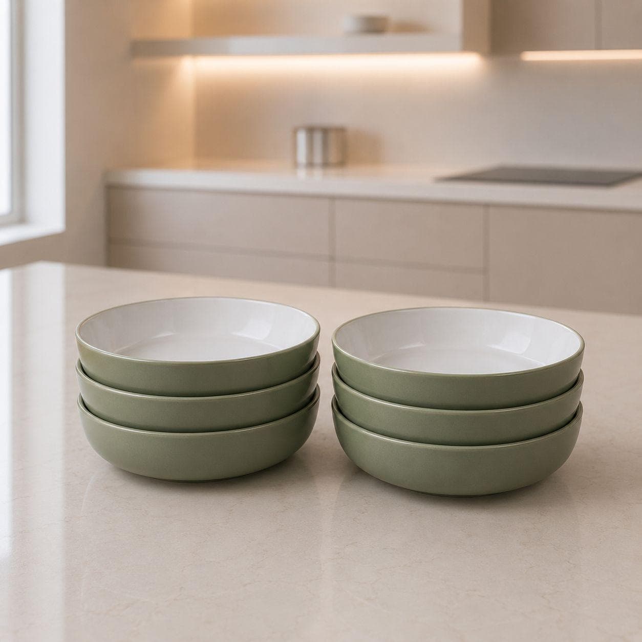 Luxury Deep Round Ceramic Serving Bowl with White Interior and Pistachio Green Exterior Set of 6 Pieces – Size 20×5 cm

 5
