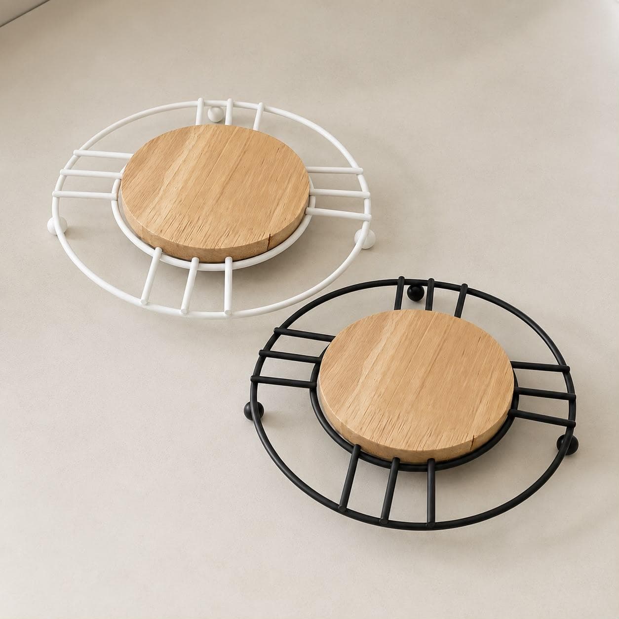 Round Metal Hot Pot Trivet with Wooden Base
