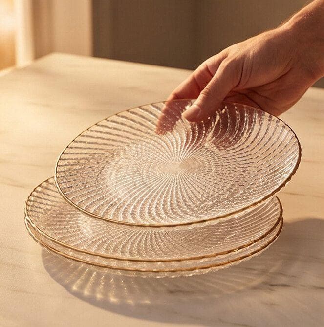 Luxury Crystal Glass Serving Plate with Swirl Design & Gold Rim – 15CM