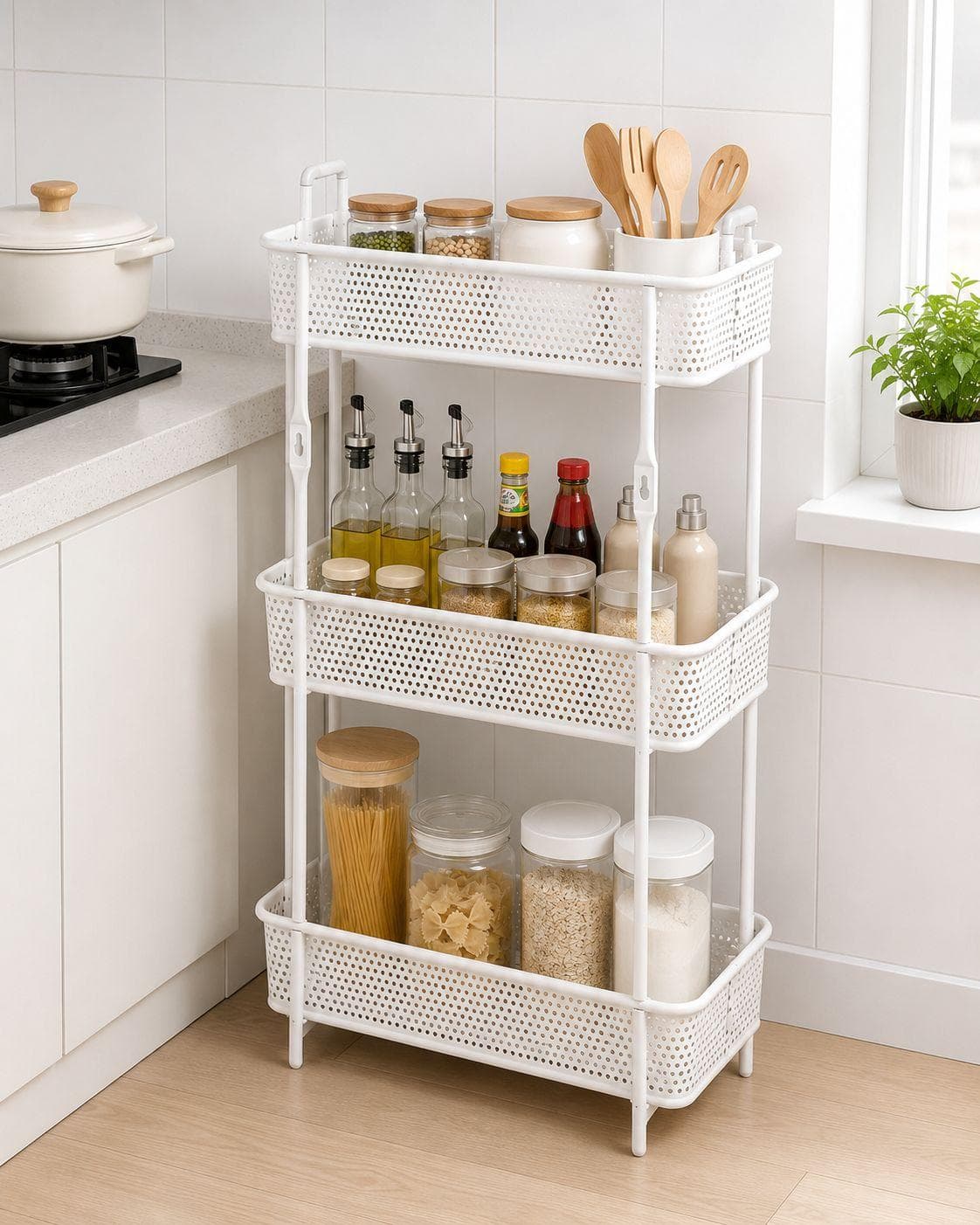 Three-Tier Bathroom & Kitchen Storage Shelf White 3