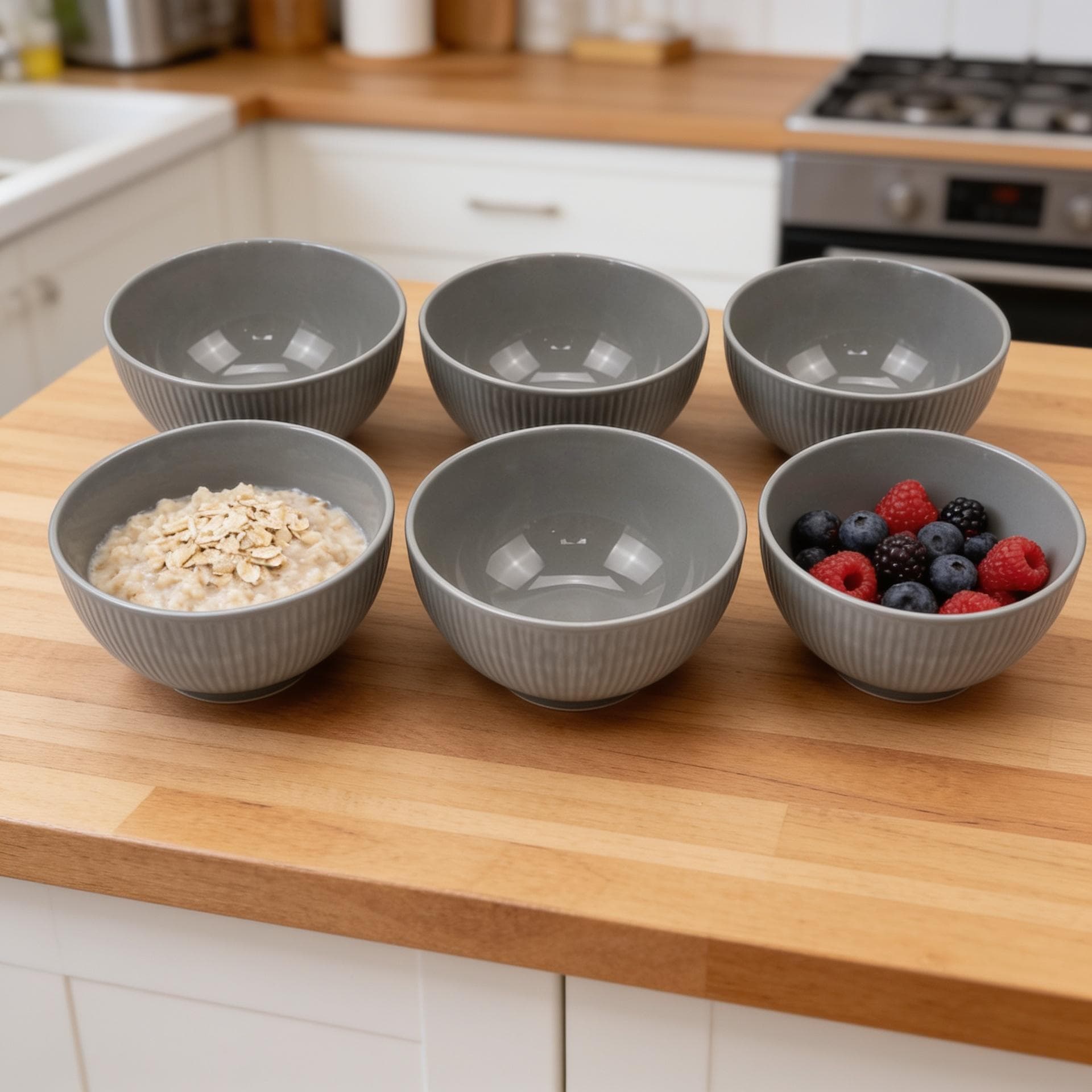 Luxury Ceramic Serving Bowl with Ribbed Pattern in Gray Set of 6 Pieces – Size 15 cm

 2