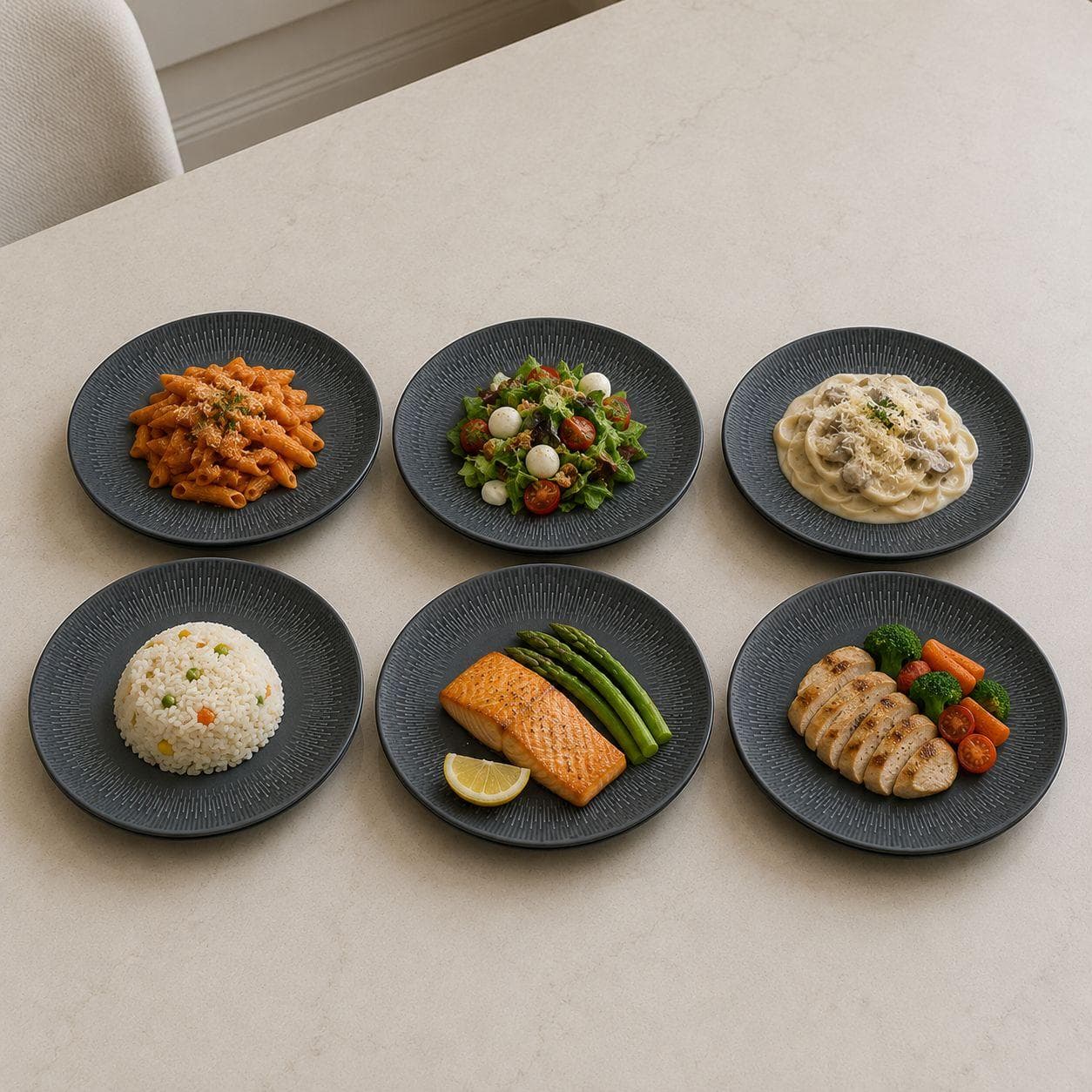 Luxury Large Ceramic Serving Plate with Radial Pattern on Edges in Gray Set of 6 Pieces – Size 26.5 cm

