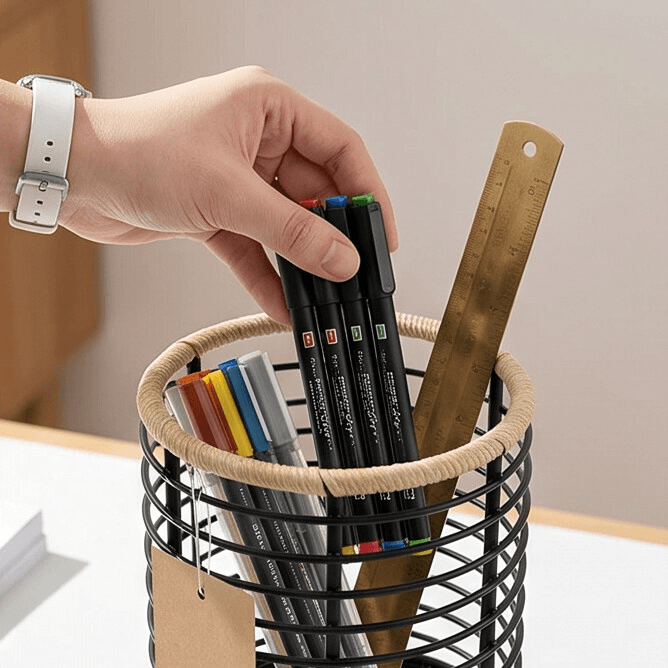 Cylindrical Metal Cutlery Holder with Rope Rim Black 3