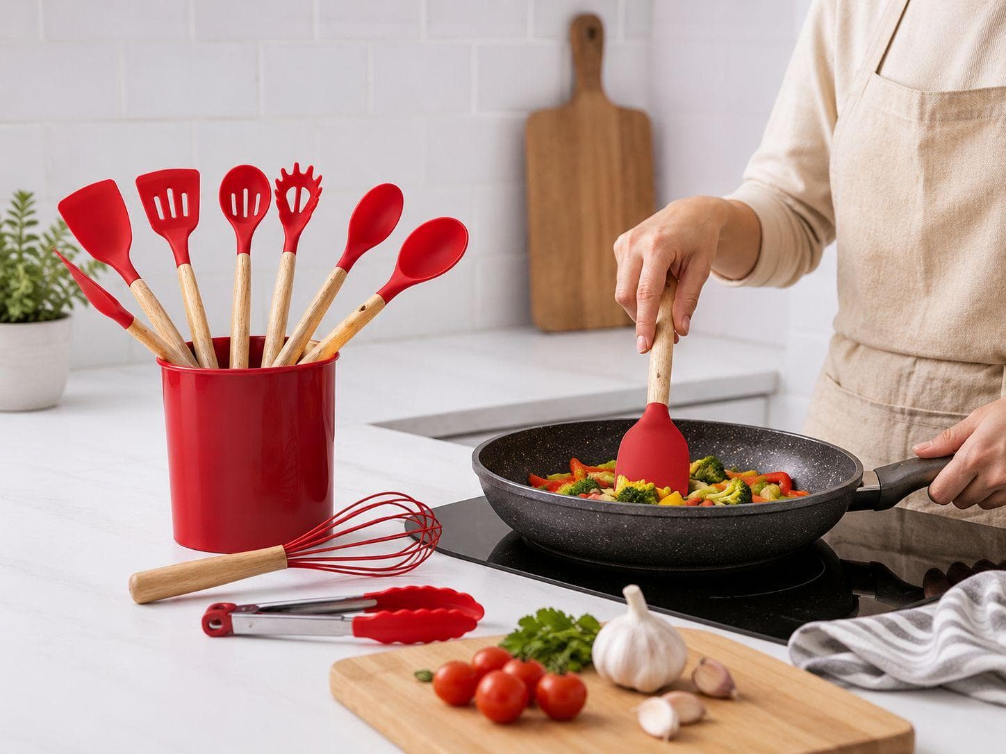 Silicone Kitchen Tools Set with Wooden Handles - 11 Pcs with Holder 3