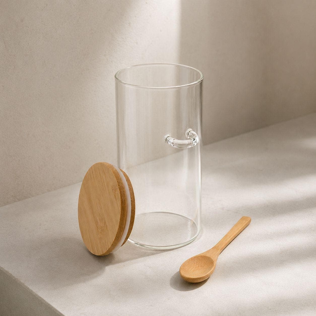 Clear Glass Airtight Storage Jar with Bamboo Lid and Wooden Spoon for Food and Spices – Size 8.5×18 cm

