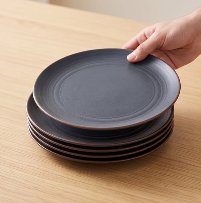 Matte Gray-Blue Porcelain Plate with Brown Rim 4