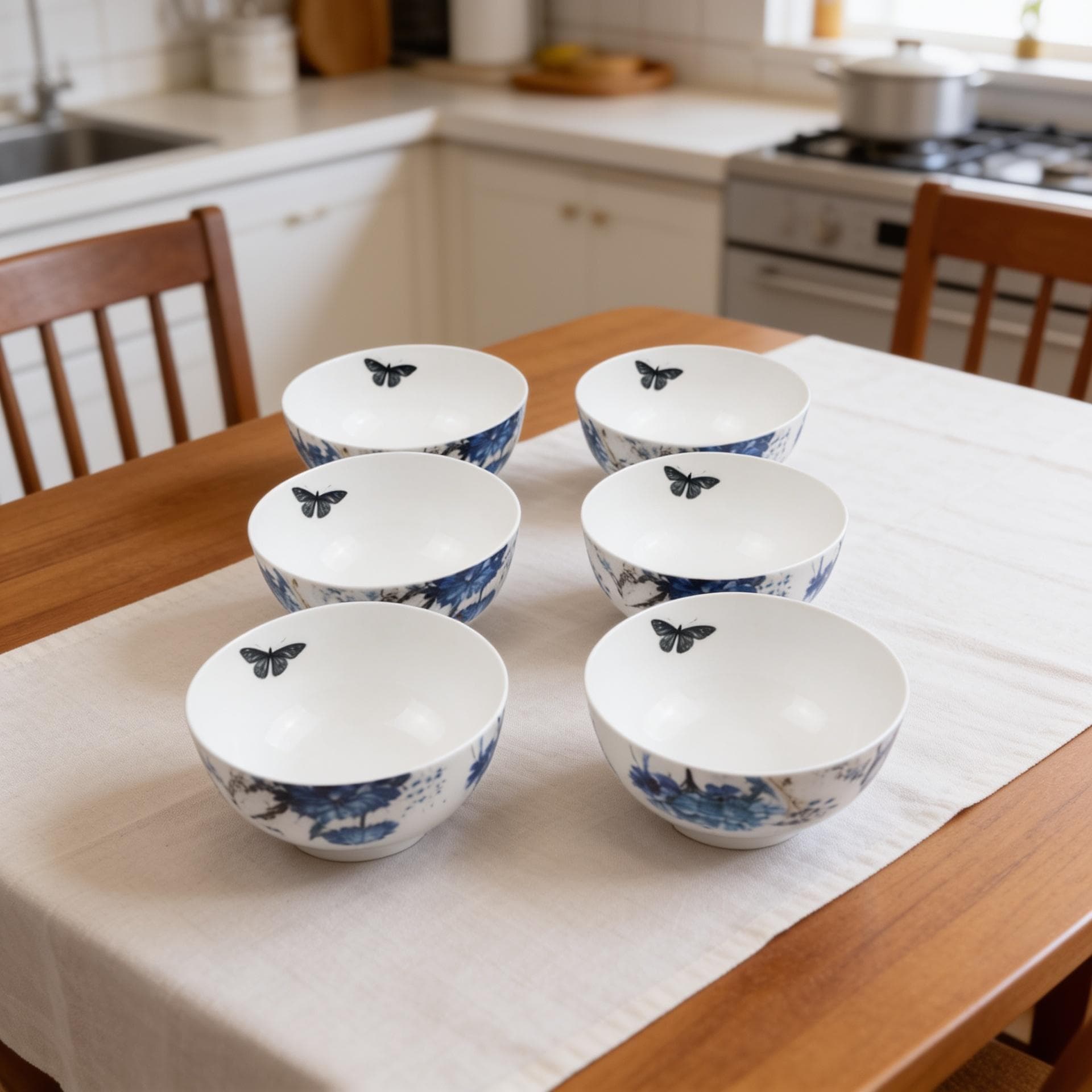 White Ceramic Bowl with Blue Flowers and Butterfly - 750 ml 3