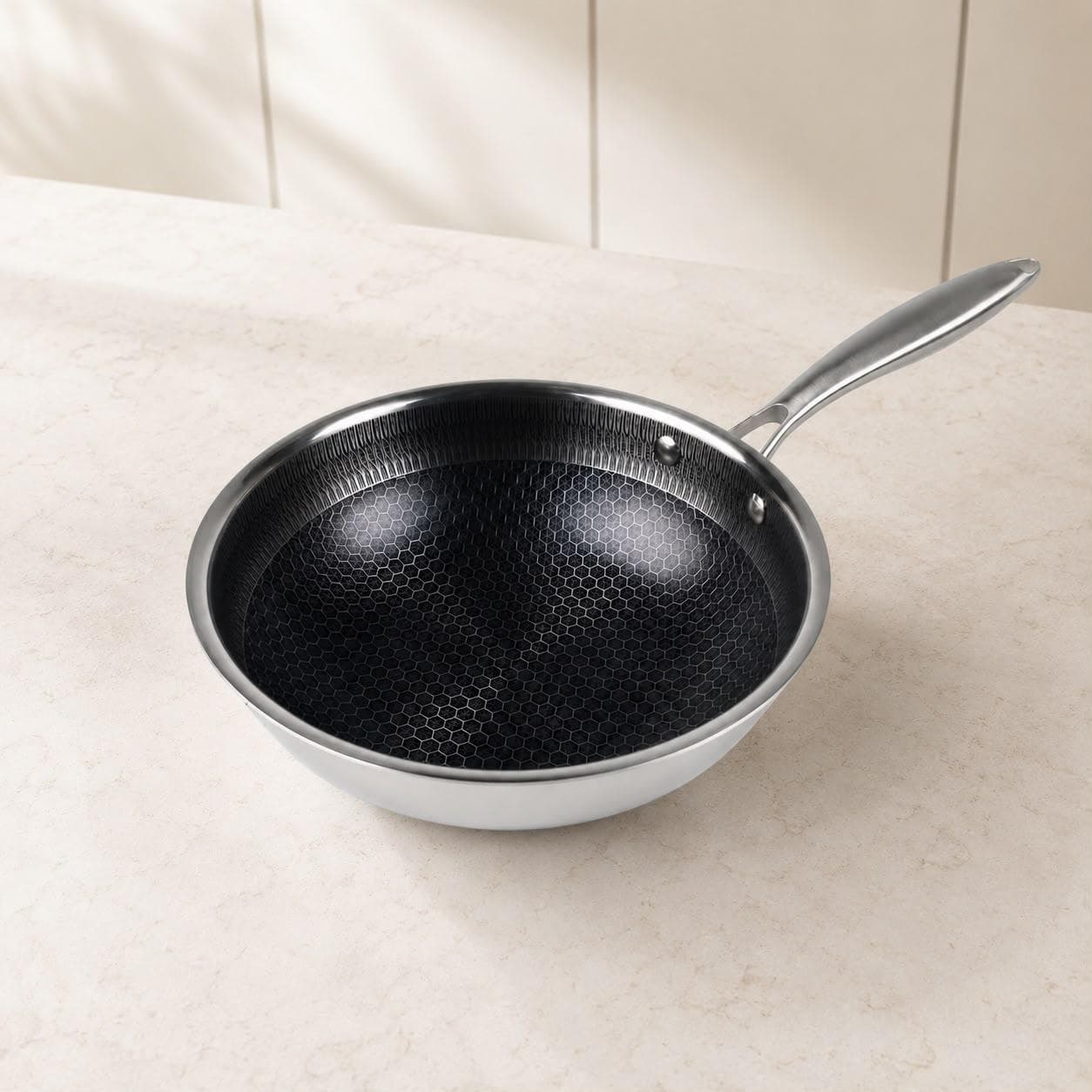 Tri-ply stainless steel pan without lid, size 24 × 7.5 cm, suitable for frying and cooking. 2