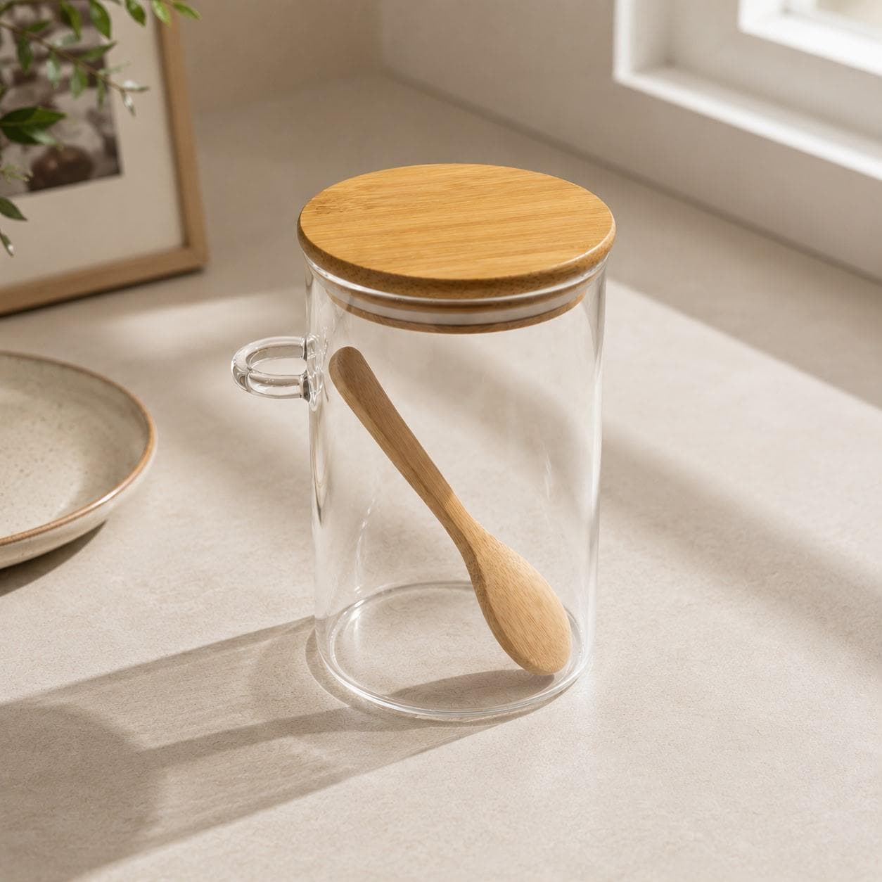 Clear Glass Airtight Storage Jar with Bamboo Lid and Wooden Spoon for Food and Spices – Size 8.5×15 cm

 4