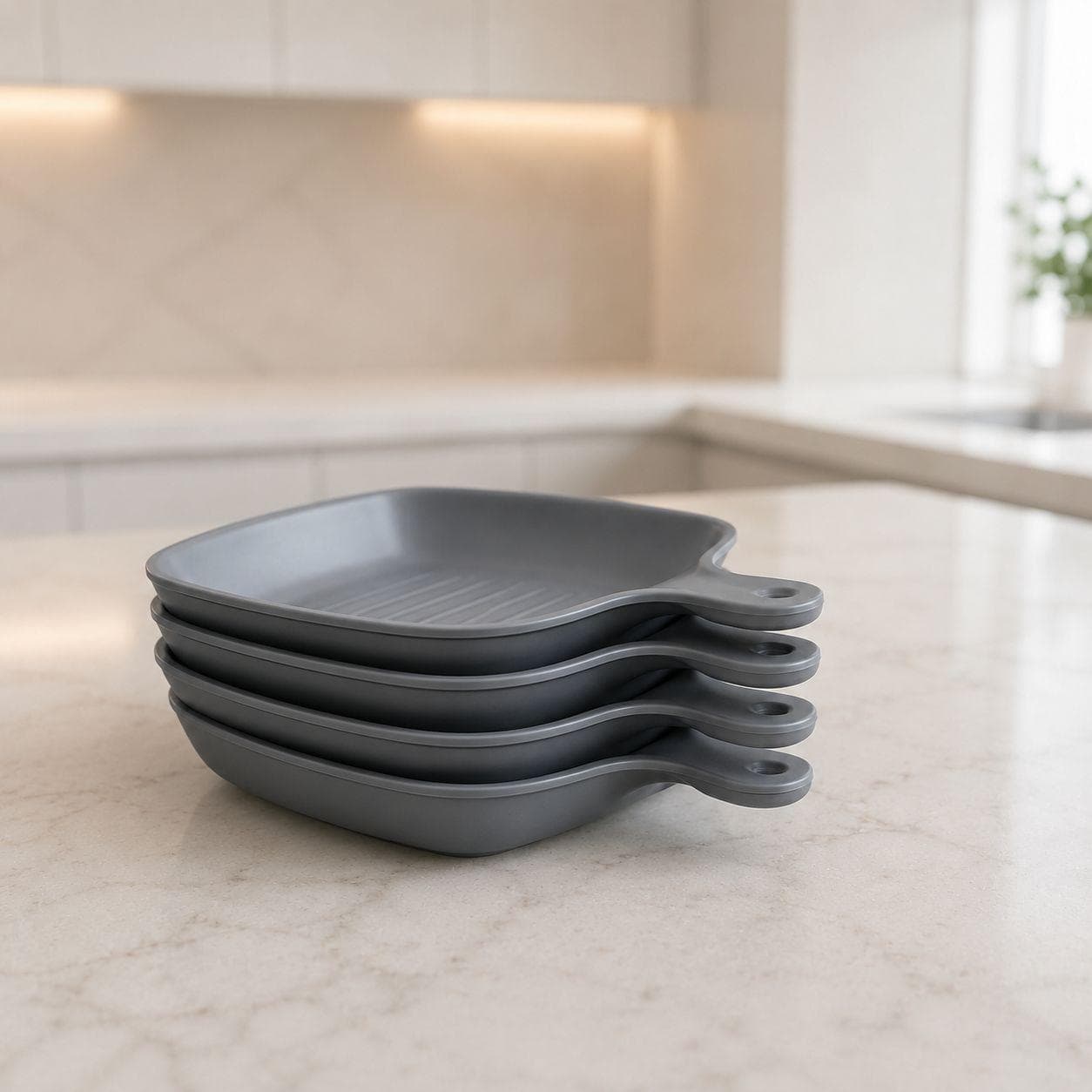 Luxury Cutting Board Style Melamine Serving Tray with Long Handle in Gray Set of 4 Pieces – Size 26.5×19×4 cm



 4