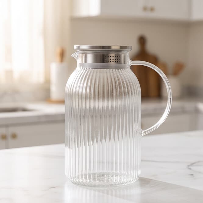 Ribbed Glass Pitcher for Juice & Beverages with Stainless Steel Filter Lid – 1500ML