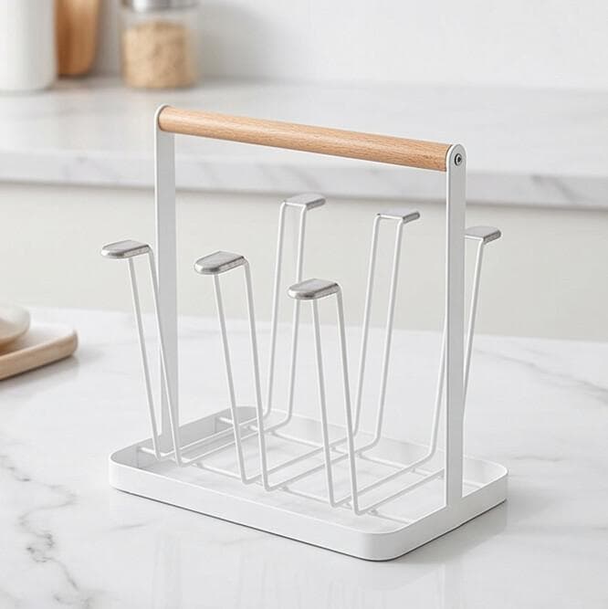 Metal Cup Holder with Wooden Handle and Drip Tray White