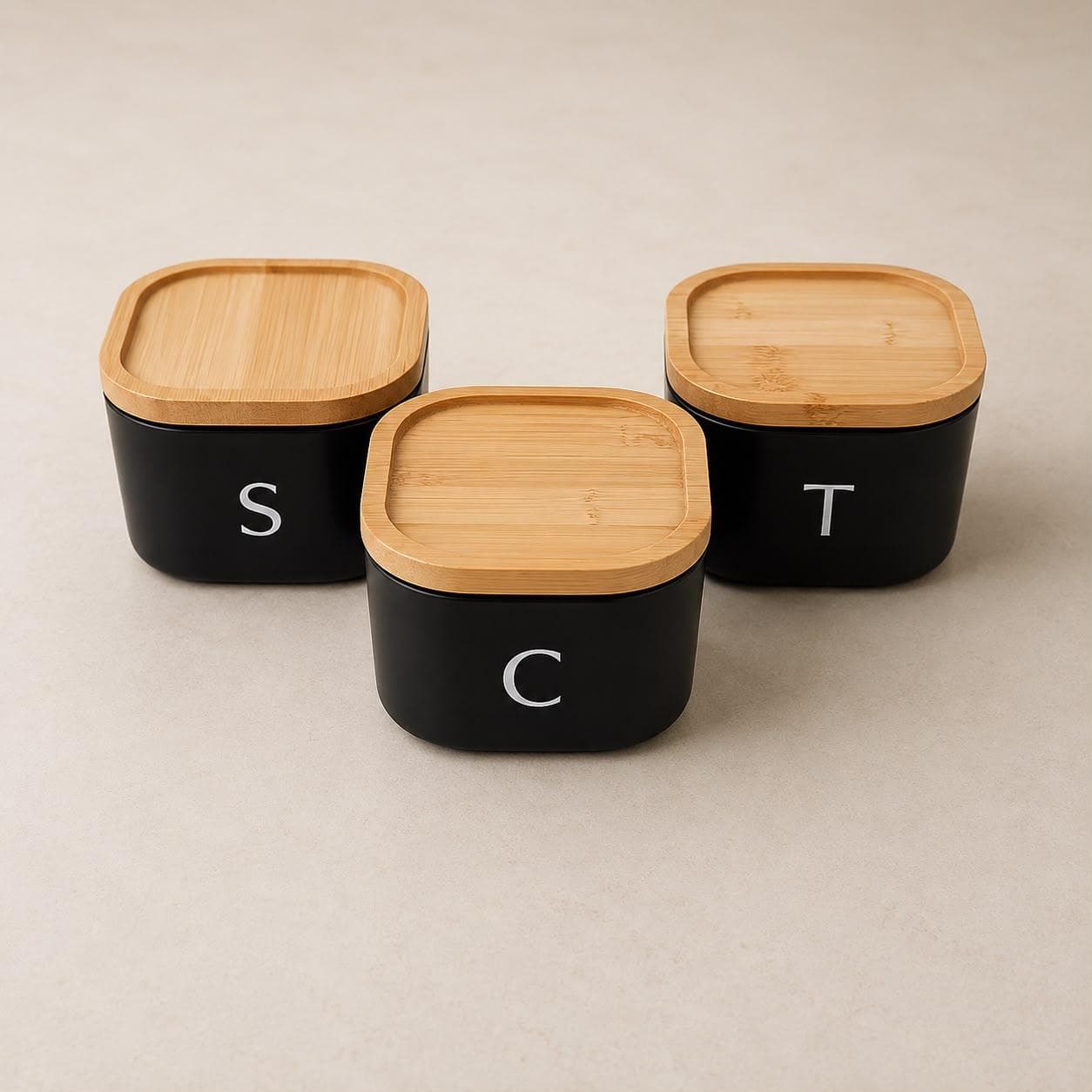 Airtight Storage Container Set with Wooden Lids - 3 Pieces - Black