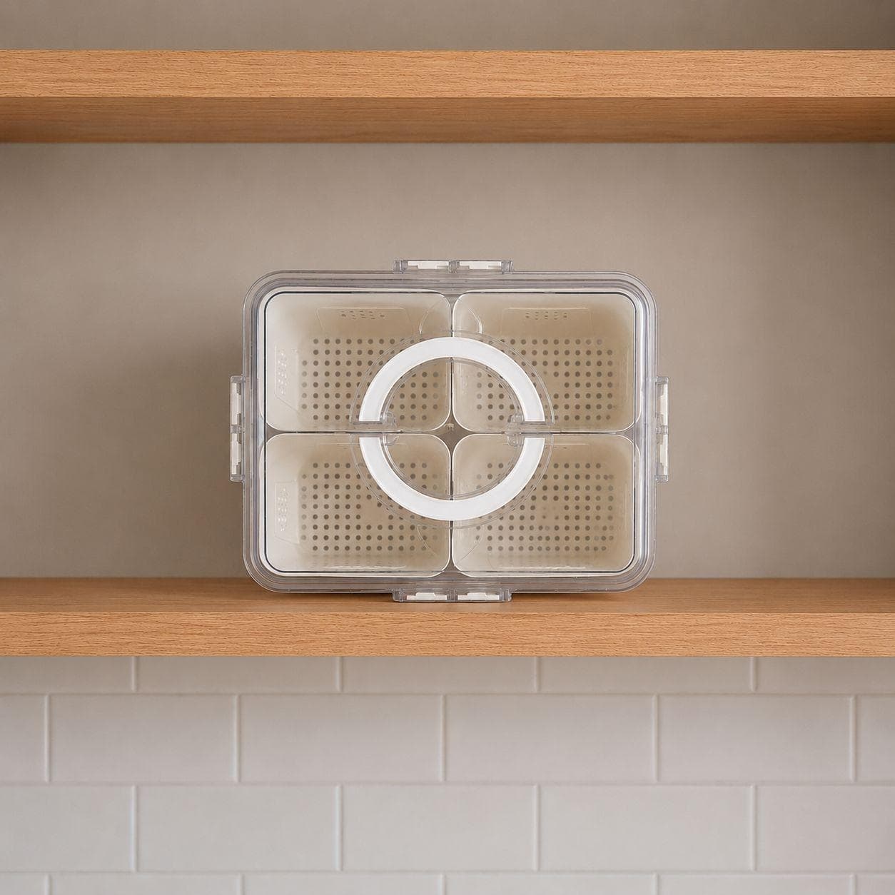 Clear 4-Compartment Food Storage Container with Center Handle and Drain Tray
