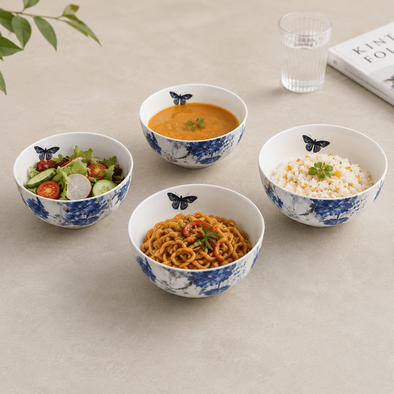 White Ceramic Bowl with Blue Flowers and Butterfly - 750 ml 6