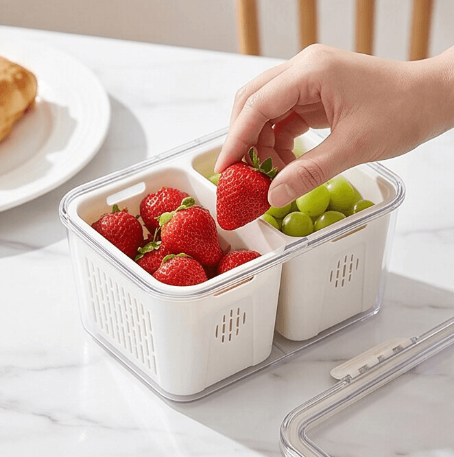 Clear 2-Compartment Food Storage Container with Drain Tray 4