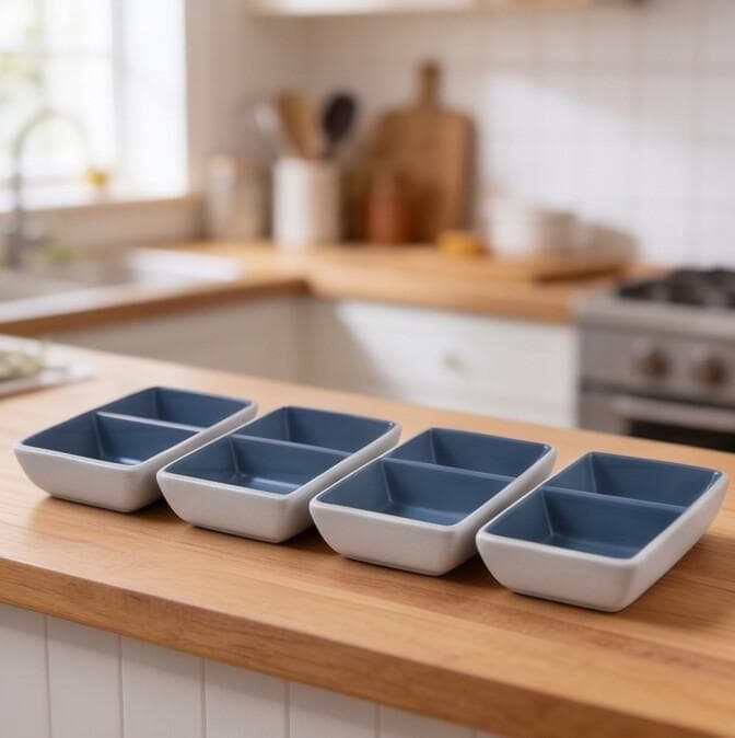 Luxury Two-Tone Melamine Serving Dish with Two Separate Compartments Set of 4 Pieces, Blue Interior and Matte White Exterior 


