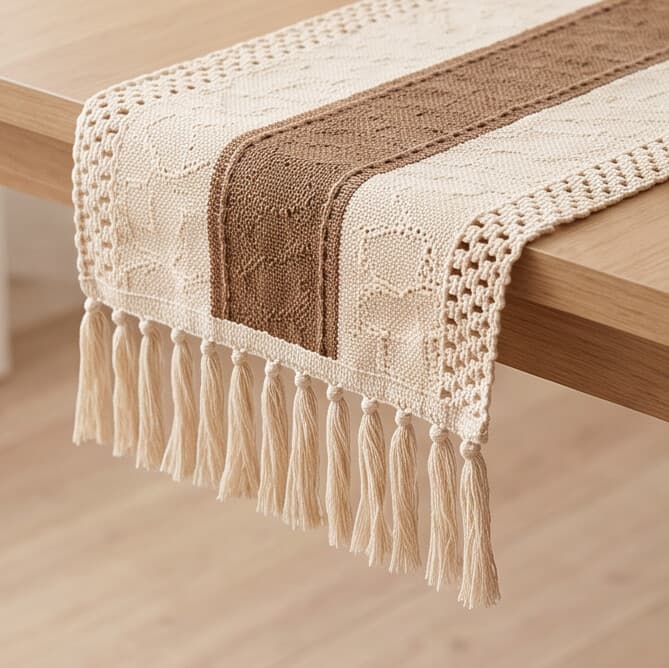 Cotton & Linen Table Runner with Brown Center Stripe Size 30×150 cm
