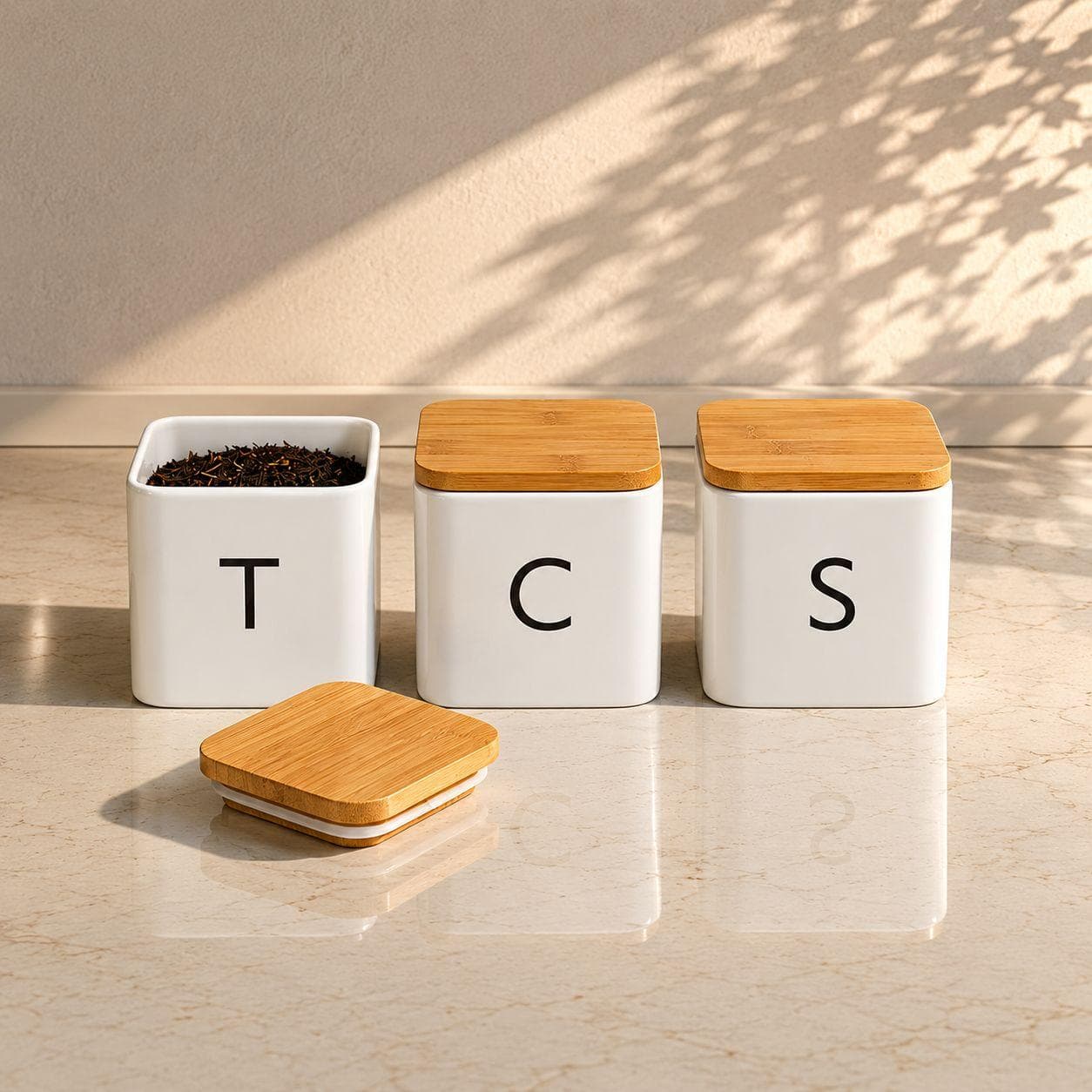 Airtight Storage Container Set with Wooden Lids - 3 Pieces - White