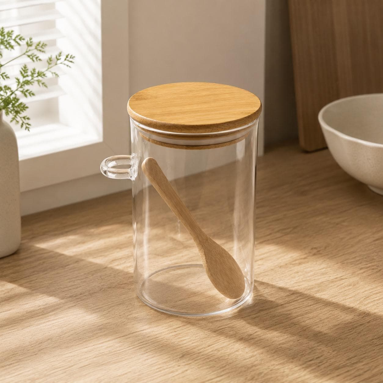 Clear Glass Airtight Storage Jar with Bamboo Lid and Wooden Spoon for Food and Spices – Size 8.5×15 cm

 3