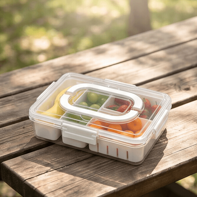 PET Portable Fruit Storage Container with 3 Drainage Compartments 4