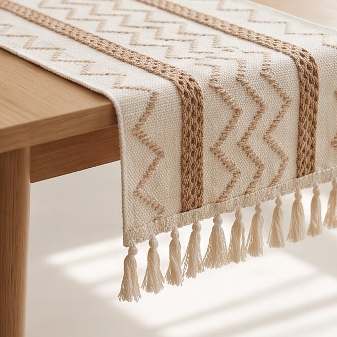Cotton & Linen Table Runner with Zigzag Pattern and Tassels Size 30×150 cm
 3