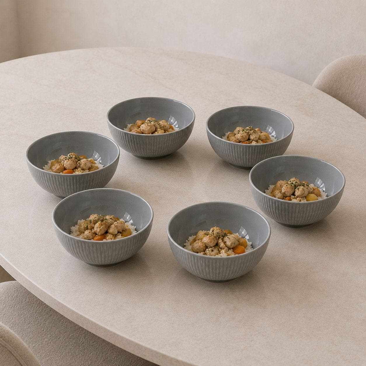 Luxury Ceramic Serving Bowl with Ribbed Pattern in Gray Set of 6 Pieces – Size 15 cm

 3