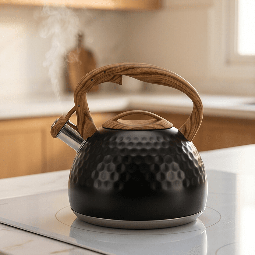 Black Water Kettle with Elegant Wooden Handle 1