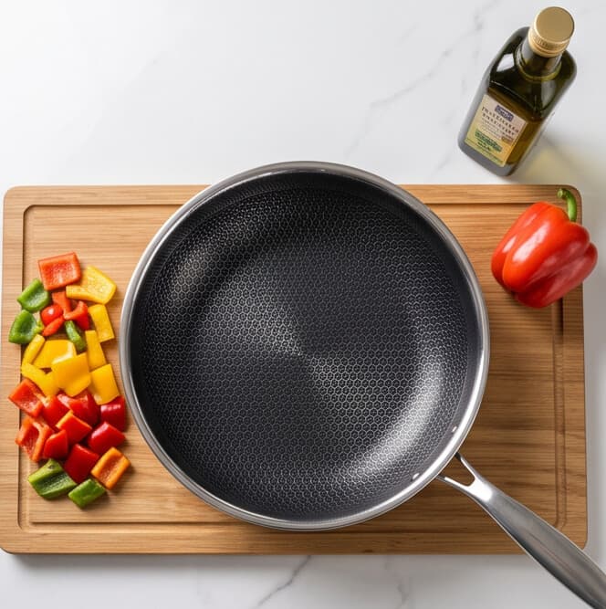 Tri-ply stainless steel pan with lid and glossy finish, 3.1L capacity, size 30 × 8.5 cm. 5