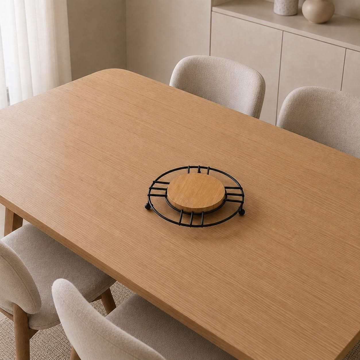 Round Metal Hot Pot Trivet with Wooden Base - Black 1