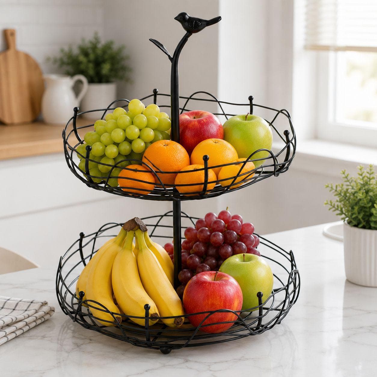 Two-Tier Round Metal Fruit Basket Black