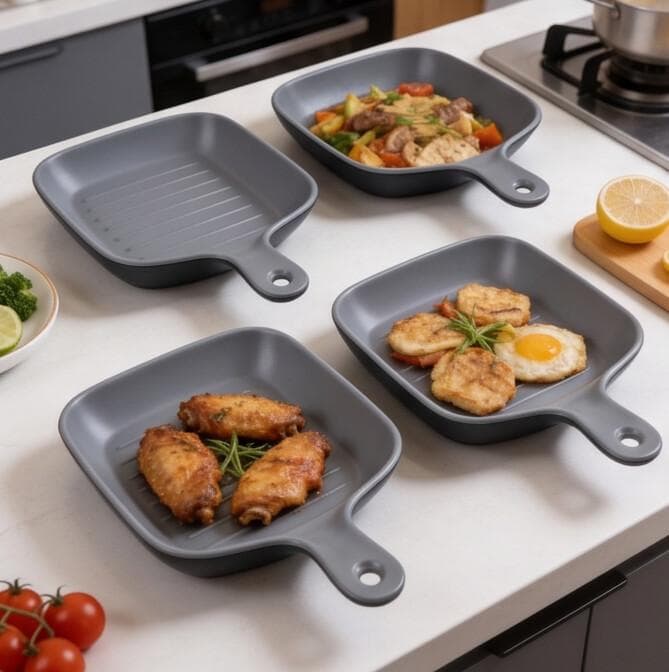 Luxury Cutting Board Style Melamine Serving Tray with Long Handle in Gray Set of 4 Pieces – Size 26.5×19×4 cm



