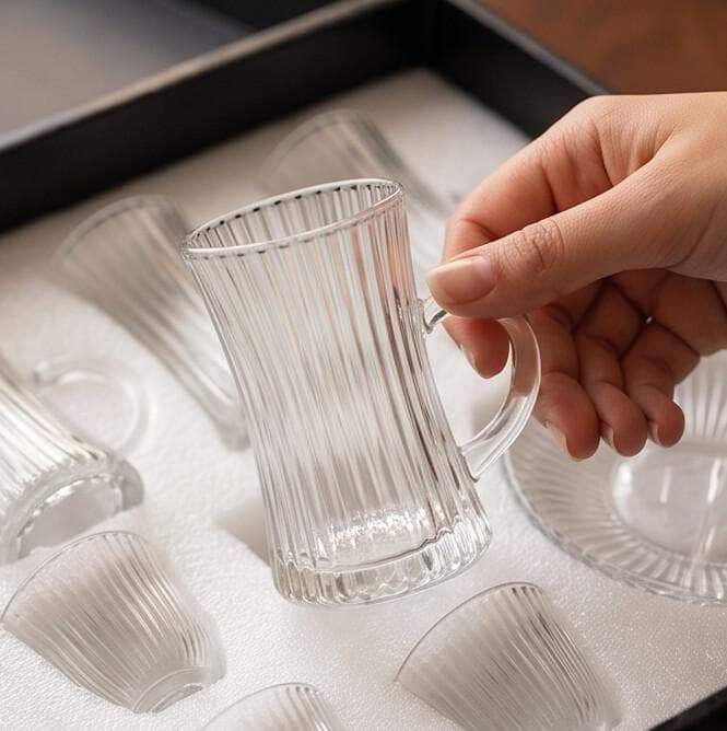 Elegant Glass Tea Set, Multi-Piece Transparent Striped Design, Perfect for Serving Tea and Coffee 2