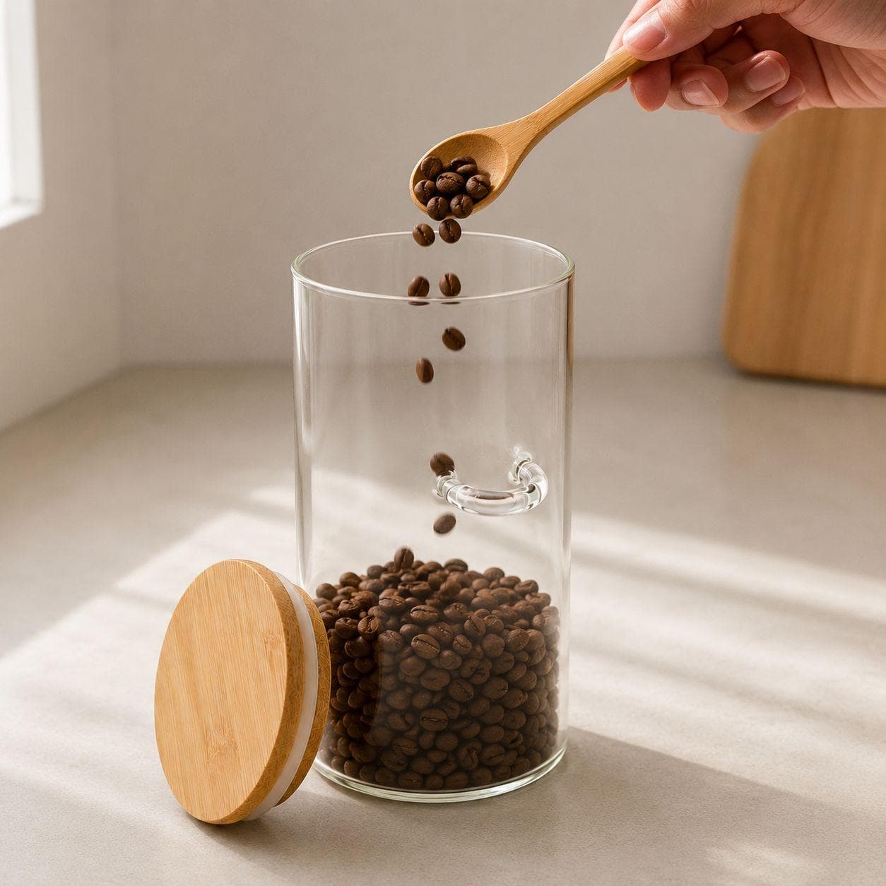 Clear Glass Airtight Storage Jar with Bamboo Lid and Wooden Spoon for Food and Spices – Size 8.5×18 cm

 2
