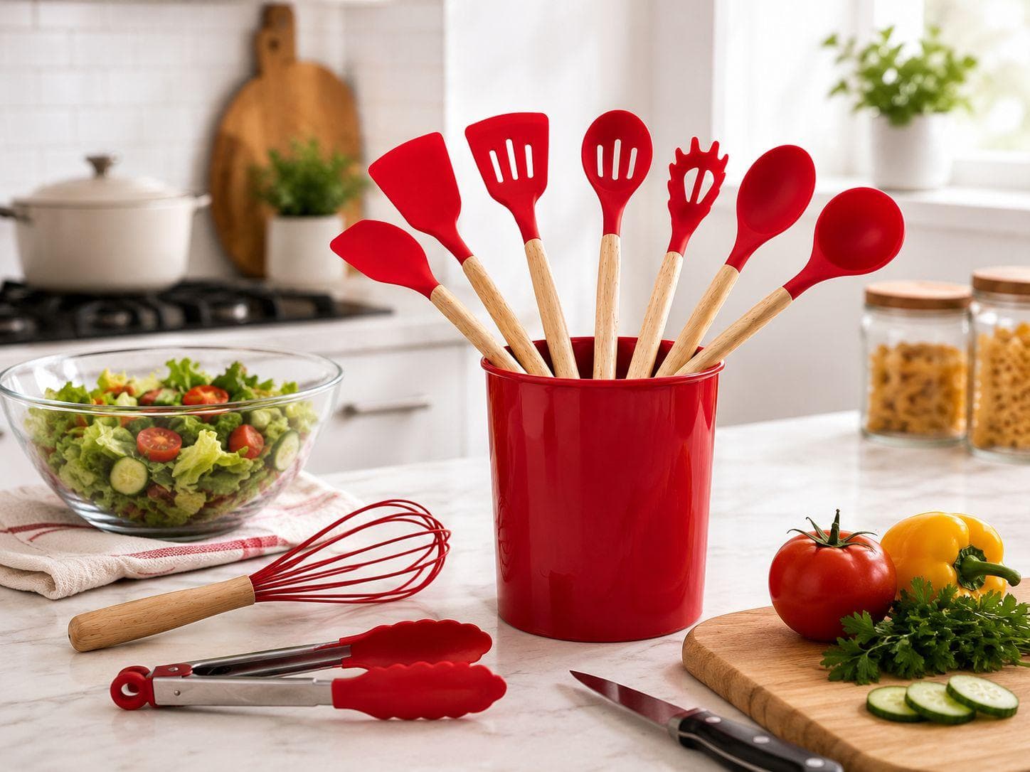 Silicone Kitchen Tools Set with Wooden Handles - 11 Pcs with Holder