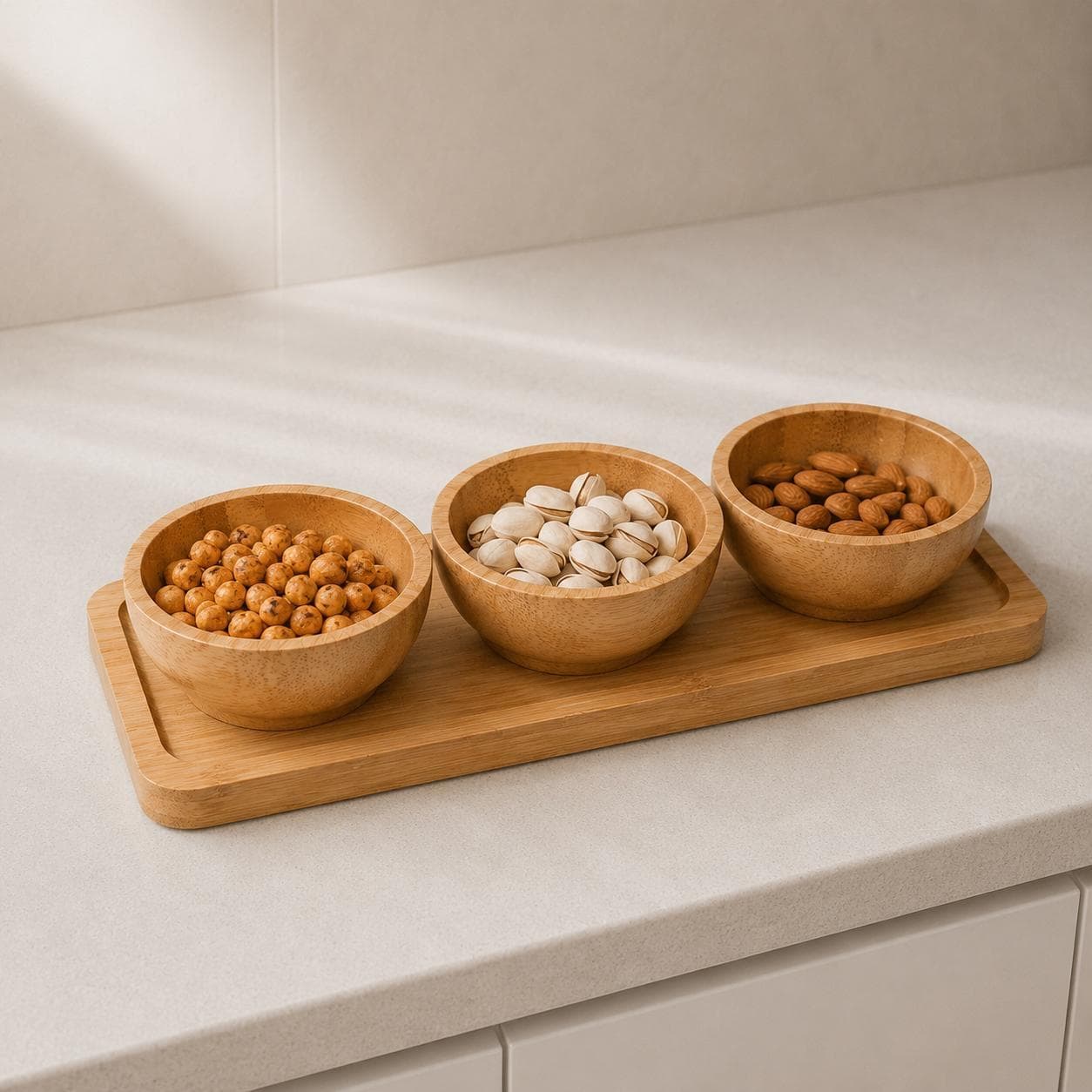 Bamboo Round Serving Bowl Set with Tray - 3 Pcs 3