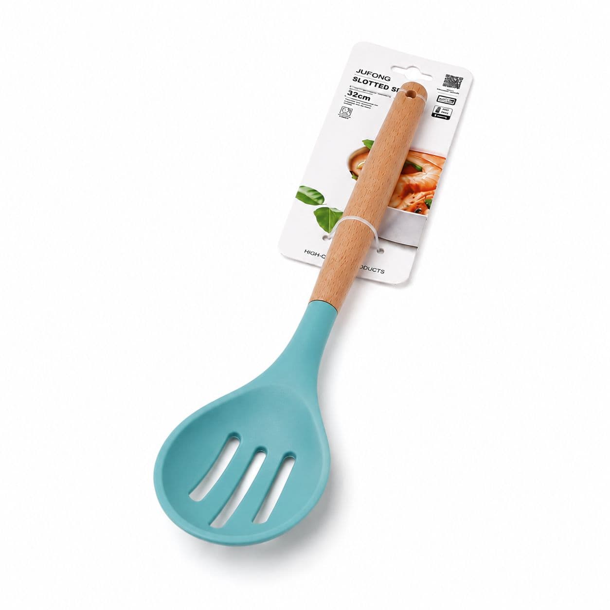 Slotted Silicone Serving Spoon with Wooden Handle (32×6.5 cm) - Sky Blue 3