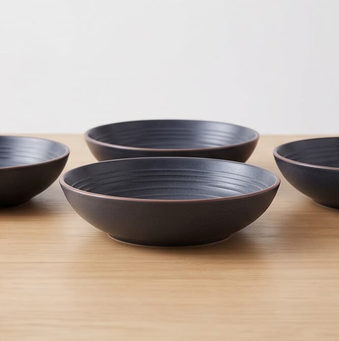 Matte Gray-Blue Ceramic Bowl with Brown Rim 4