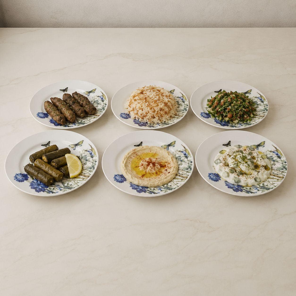White Porcelain Plate Set - Blue Floral & Butterfly Design - 6 Pieces 1