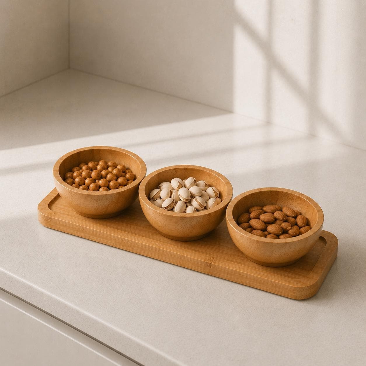 Bamboo Round Serving Bowl Set with Tray - 3 Pcs 4