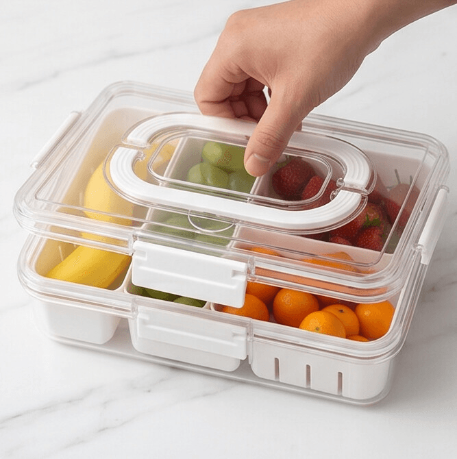 PET Portable Fruit Storage Container with 3 Drainage Compartments 1