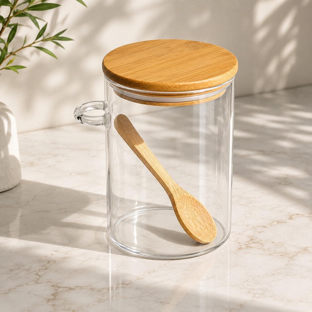 Clear Glass Airtight Storage Jar with Bamboo Lid and Wooden Spoon for Food and Spices – Size 8.5×15 cm

