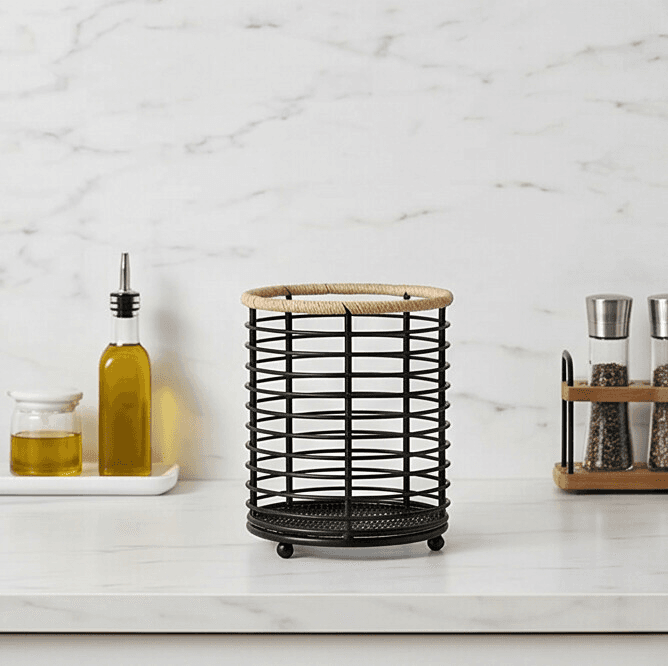 Cylindrical Metal Cutlery Holder with Rope Rim Black 5