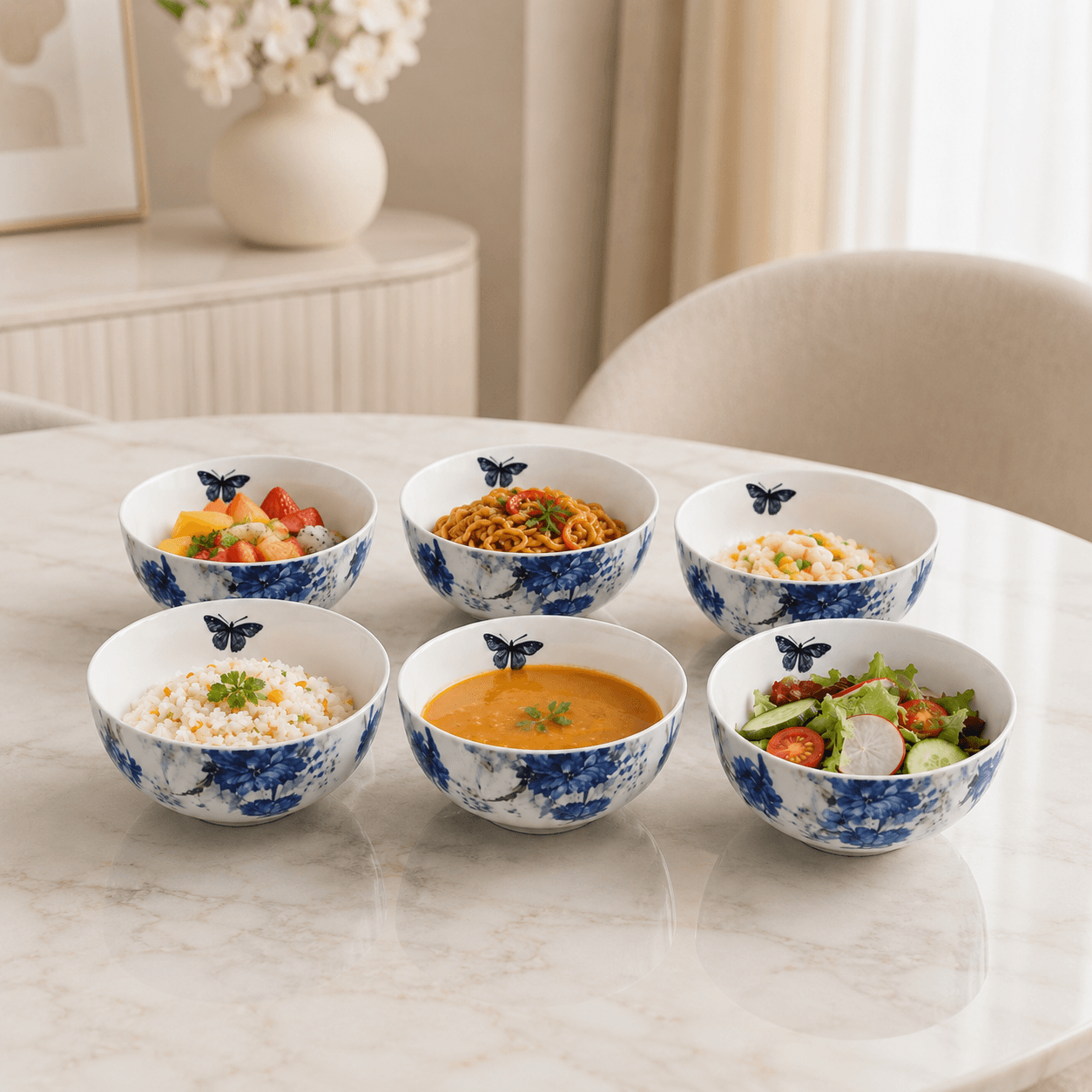 White Ceramic Bowl with Blue Flowers and Butterfly - 750 ml