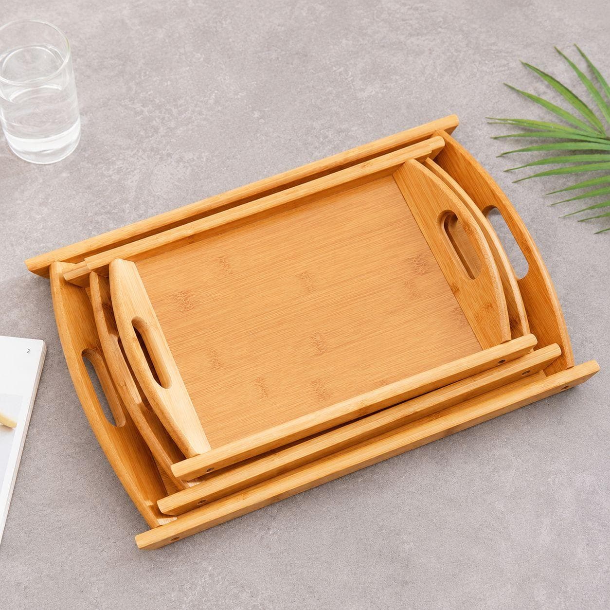 Bamboo Serving Tray Set with Handles - 3 Sizes