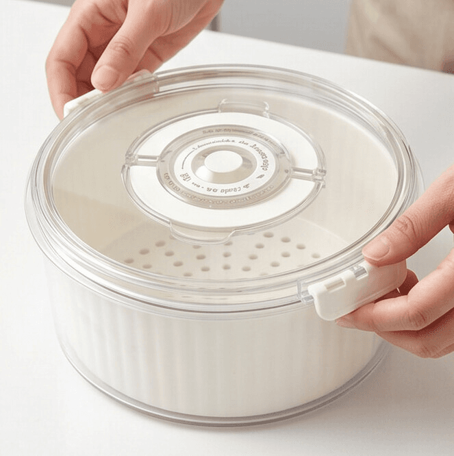 Vegetable Crisper Storage Container with Date Indicator and Drainage Basket