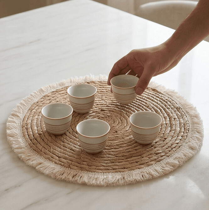 Round Natural Wicker Placemat with Fringe Edges and Spiral Design to Protect the Table – Size 38 cm

 5