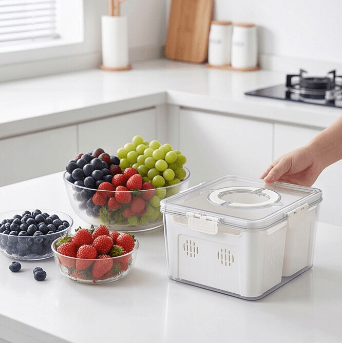 Clear 2-Compartment Food Storage Container with Center Handle and Drain Tray 4