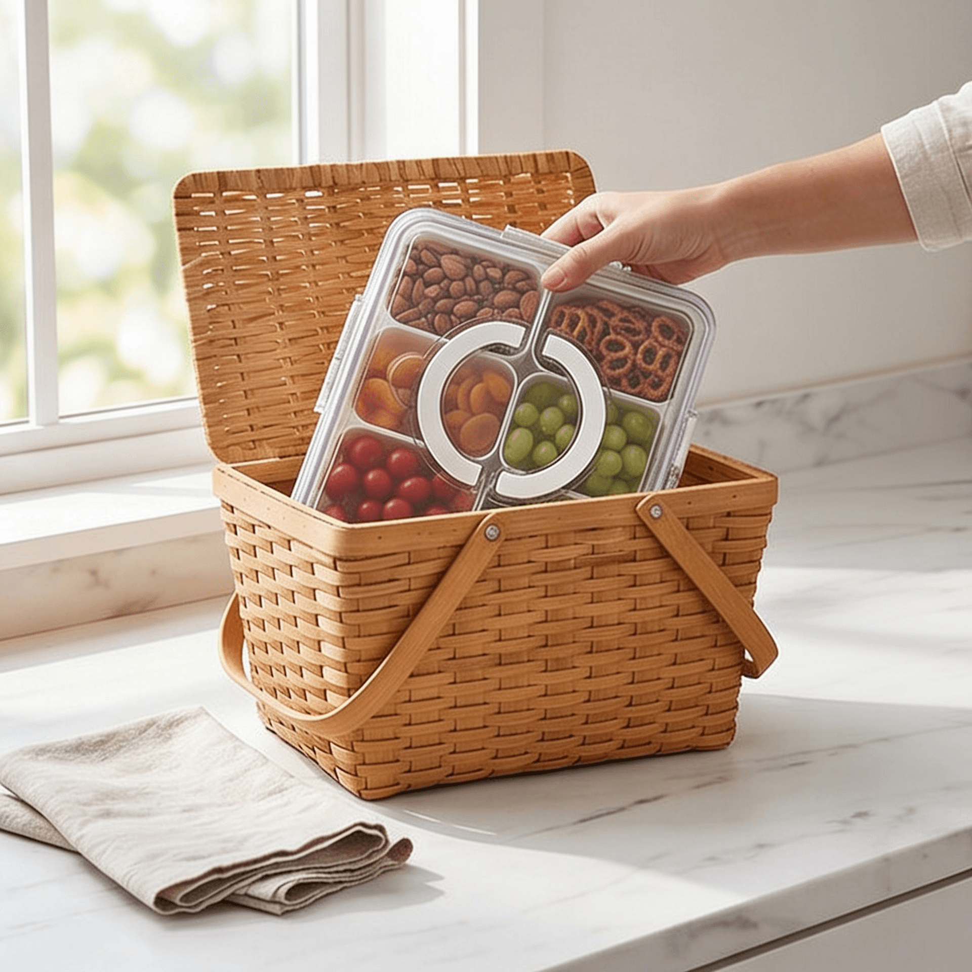 Clear 6-Compartment Food Storage Container with Center Handle and Drain Tray 5
